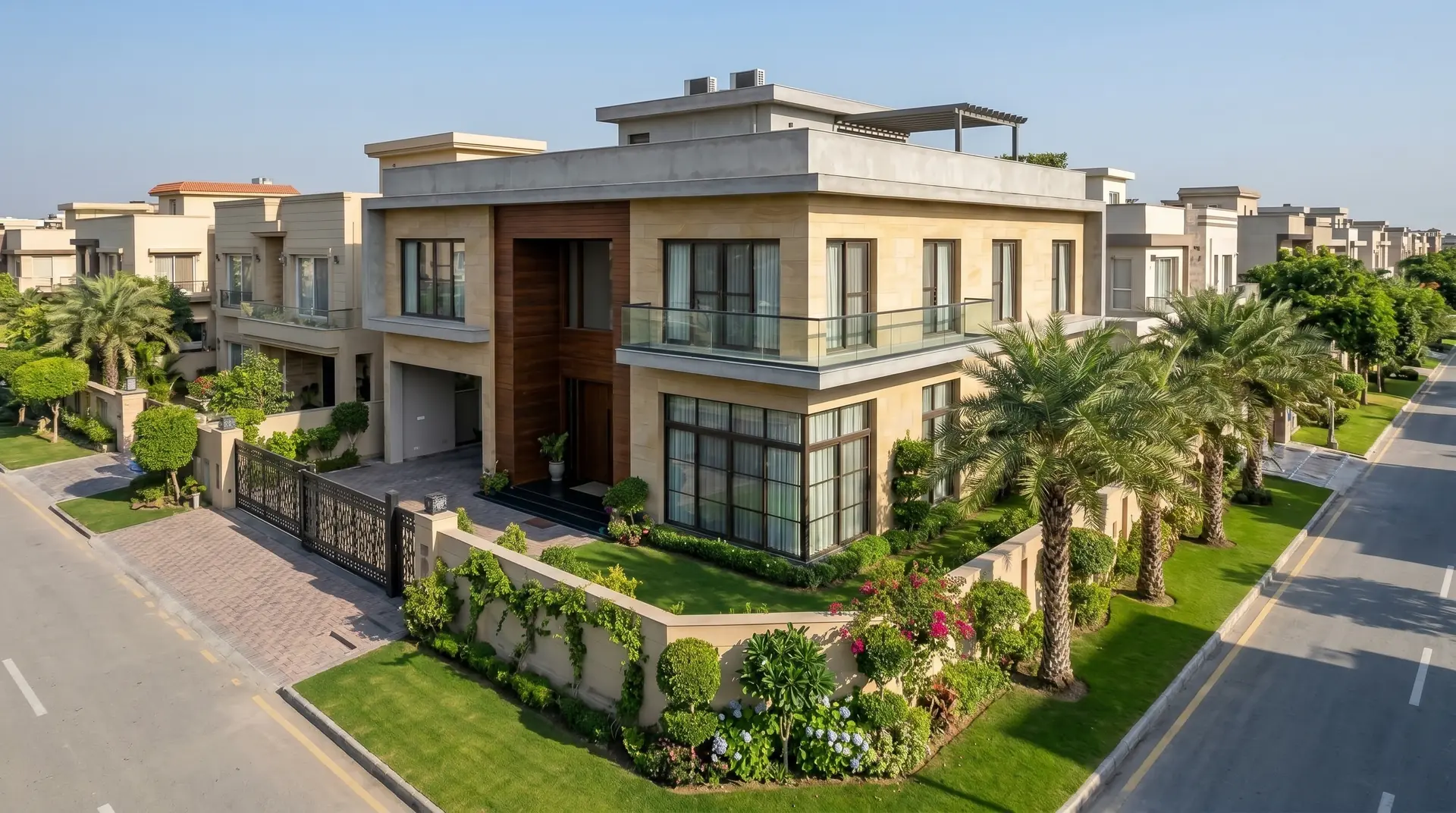 Aerial residential boulevard in Bahria Town Karachi